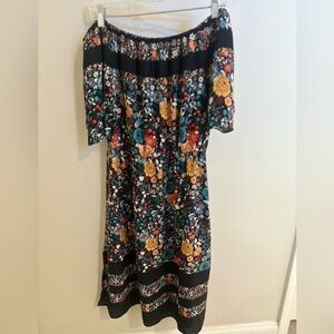 LOFT Black Multi-Colored Floral Midi Dress